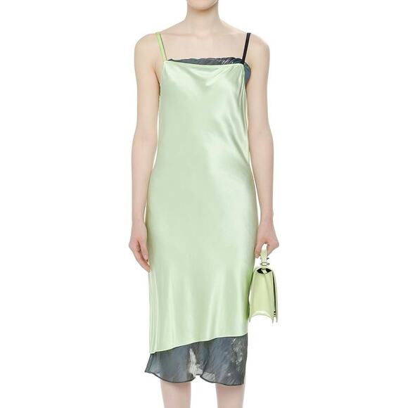 Helmut Lang Green Silk Slip Dress Sz 2 NWT Layered Sheer Hem Bias Cut Cocktail - Picture 1 of 8